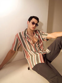 DENNISON Men Zigzag Pattern Drop-Shoulder Oversized Crochet Shirt