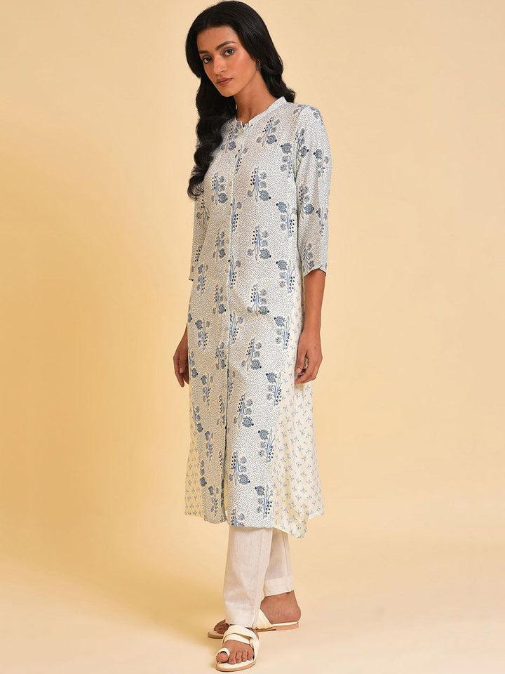 W Floral Printed Band Collar A Line Kurta