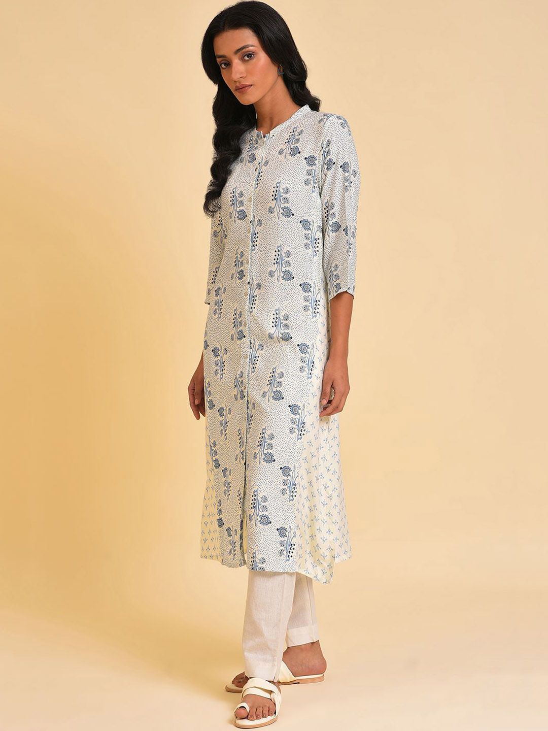 W Floral Printed Band Collar A Line Kurta