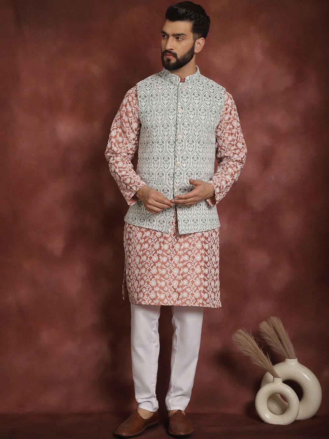 Anouk Floral Embroidered Regular Thread Work Kurta & Churidar With Nehru Jacket
