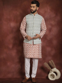 Anouk Floral Embroidered Regular Thread Work Kurta & Churidar With Nehru Jacket
