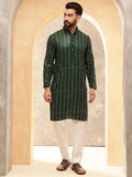 Anouk Green Striped Embroidered Sequinned Pure Cotton Straight Kurta With Pyjama