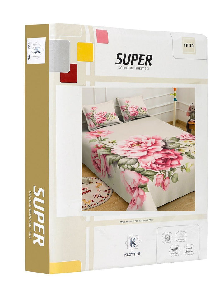 KLOTTHE Beige & Pink Floral Printed Fitted 300 TC King Bedsheet With 2 Pillow Cover