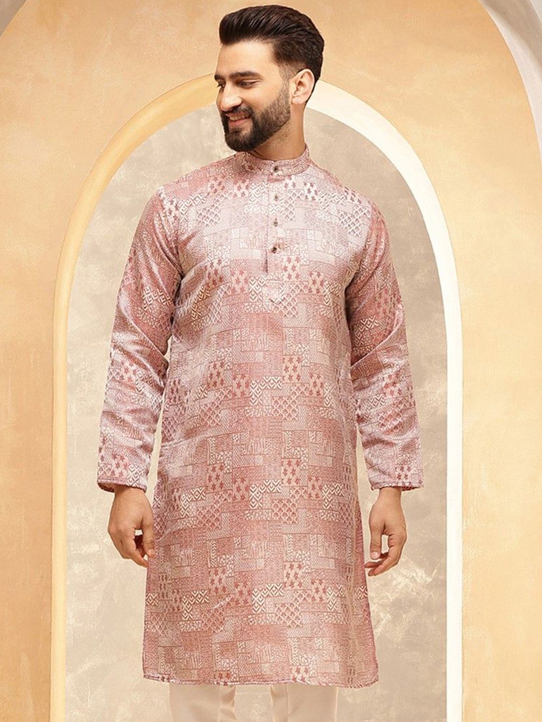 SOJANYA Ethnic Motifs Printed Band Collar Jacquard Silk Straight Kurta