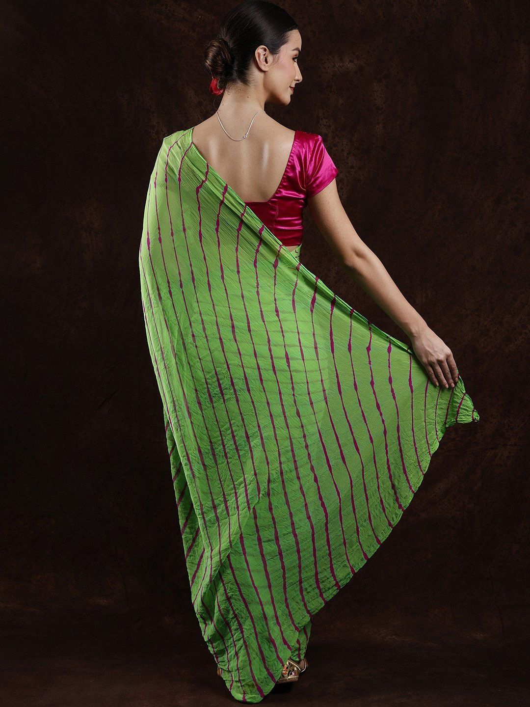 Exotic India Summer Green Leharia Tie-Dye Chiffon Saree