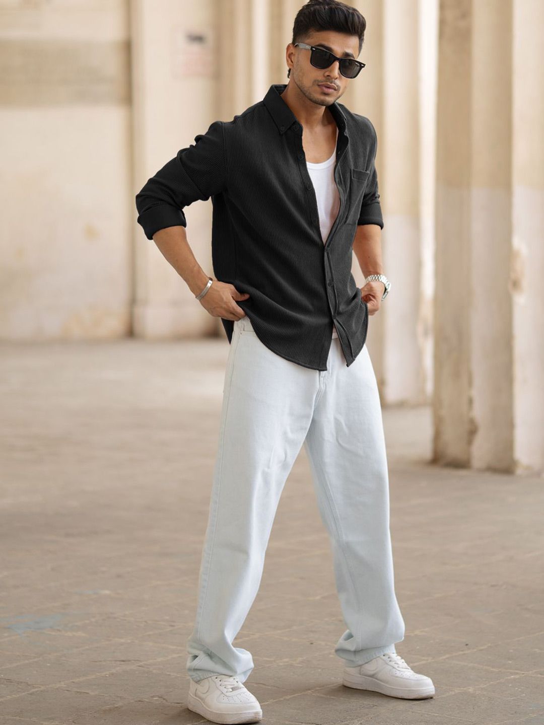Powerlook Men Spread Collar Textured Cotton Casual Shirt