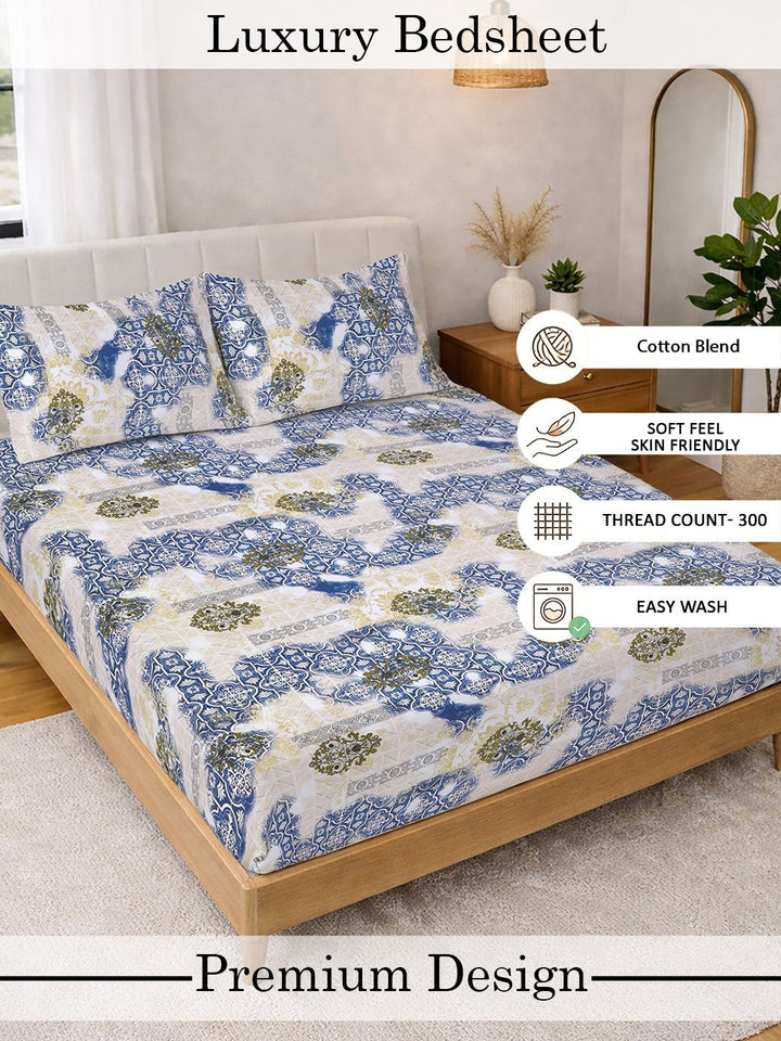 Myntra Elegant Homes Motif Etnik Biru 300TC Cadar Super King Double & 2 Sarung Bantal