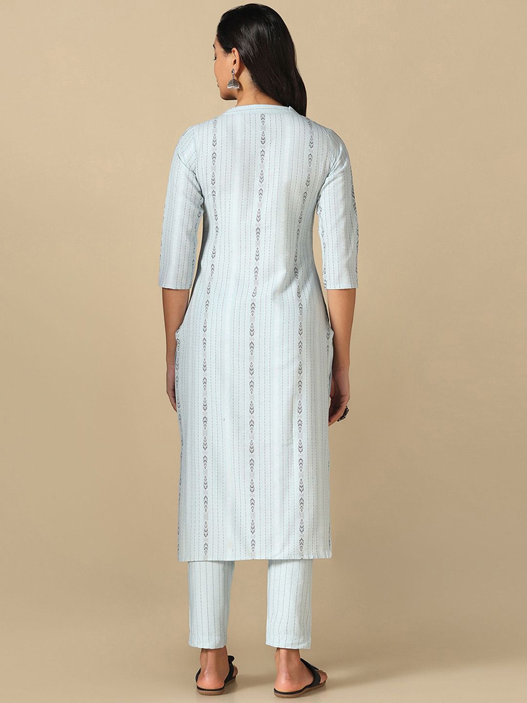 KALINI Striped Mandarin Collar Thread Work Straight Kurta With Trousers