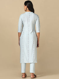 KALINI Striped Mandarin Collar Thread Work Straight Kurta With Trousers