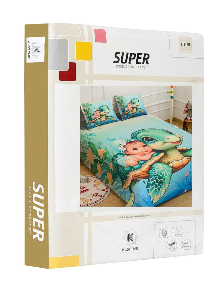 Cetakan Kartun Hijau KLOTTHE Dilengkapi Cadar Katil Super King 300 TC Dengan 2 Sarung Bantal