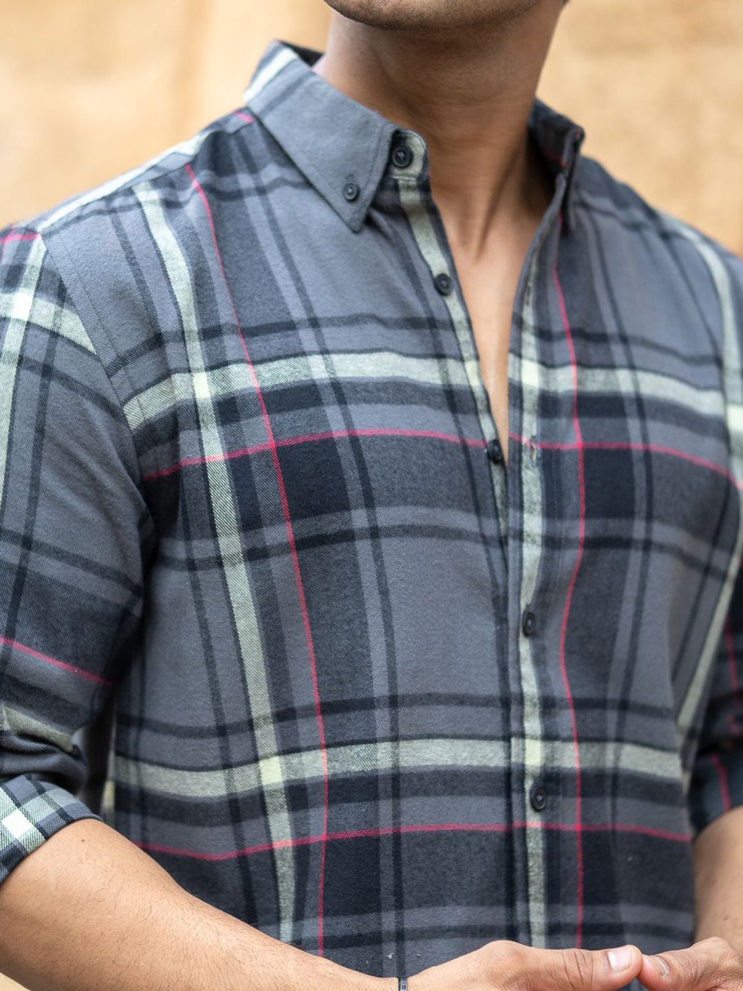 Powerlook Men Tartan Checked Spread Collar Cotton Casual Shirt