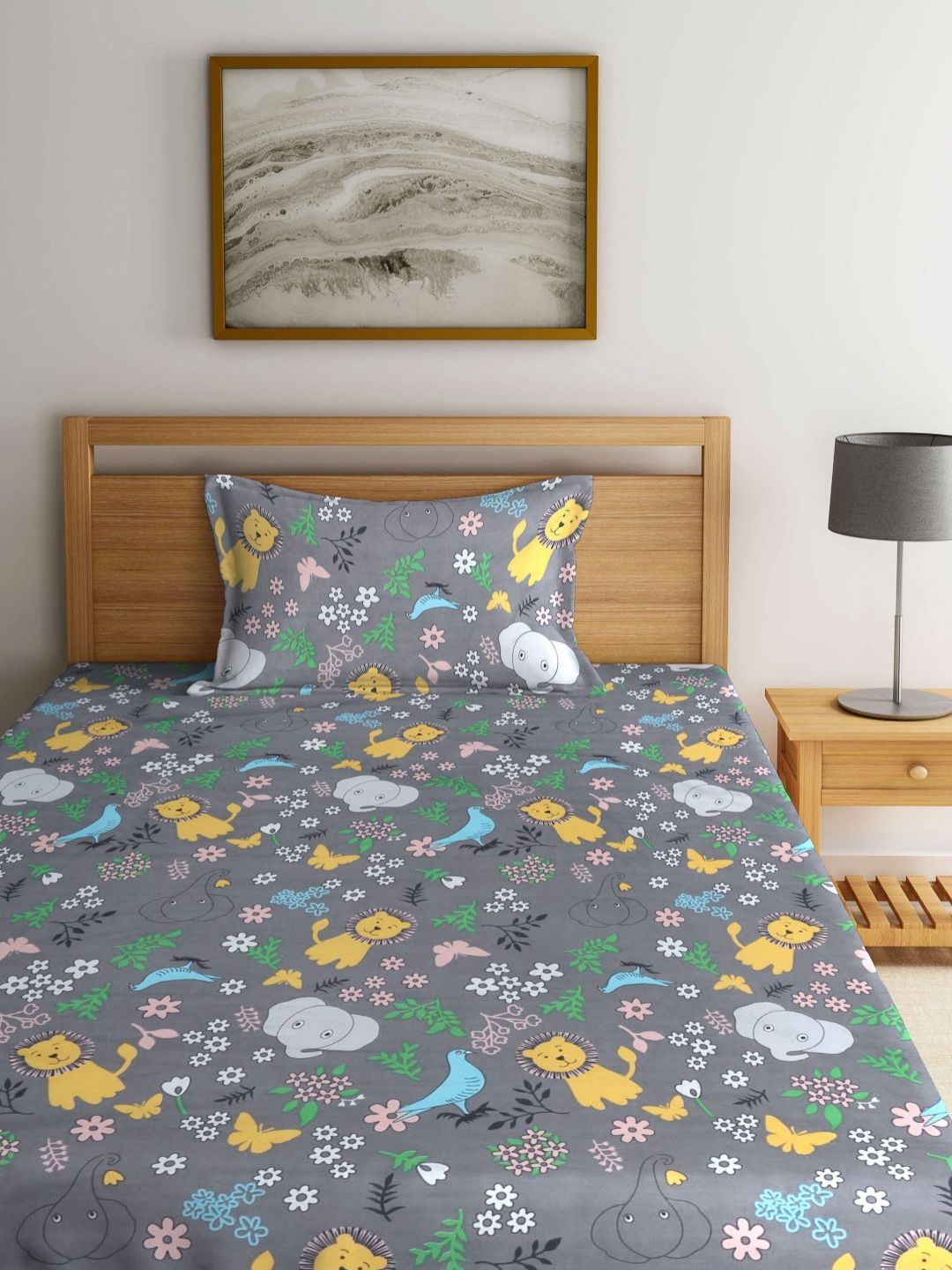 Myntra Elegant Homes Watak Kartun Kelabu Policotton 300 TC Cadar Halus Tunggal dengan Sarung Bantal-87 x 59 inci