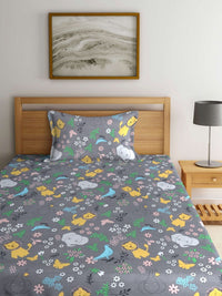 Myntra Elegant Homes Watak Kartun Kelabu Policotton 300 TC Cadar Halus Tunggal dengan Sarung Bantal-87 x 59 inci
