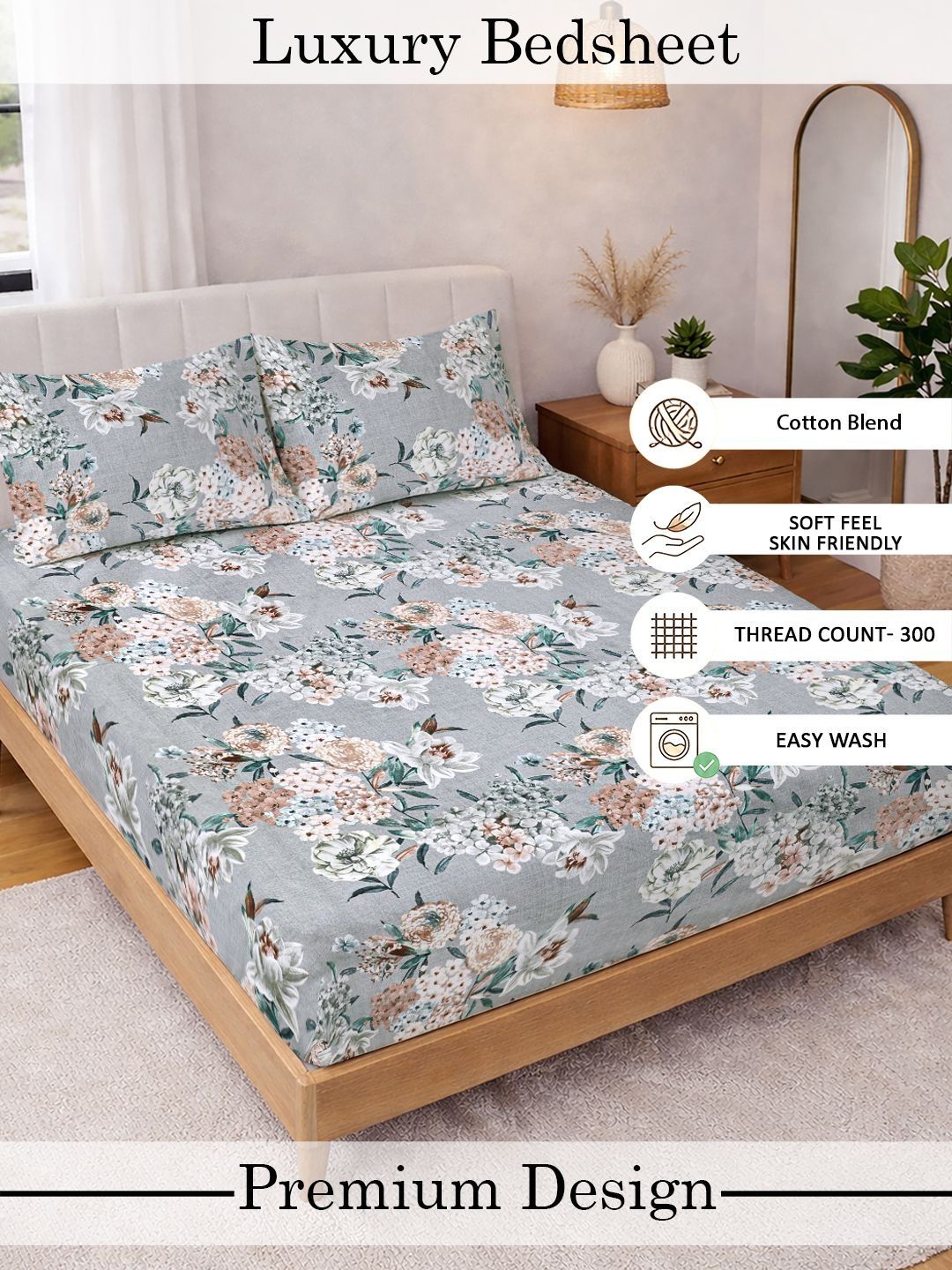 Myntra Elegant Homes Grey Floral 300 TC King Double Bedsheet dengan 2 Sarung Bantal