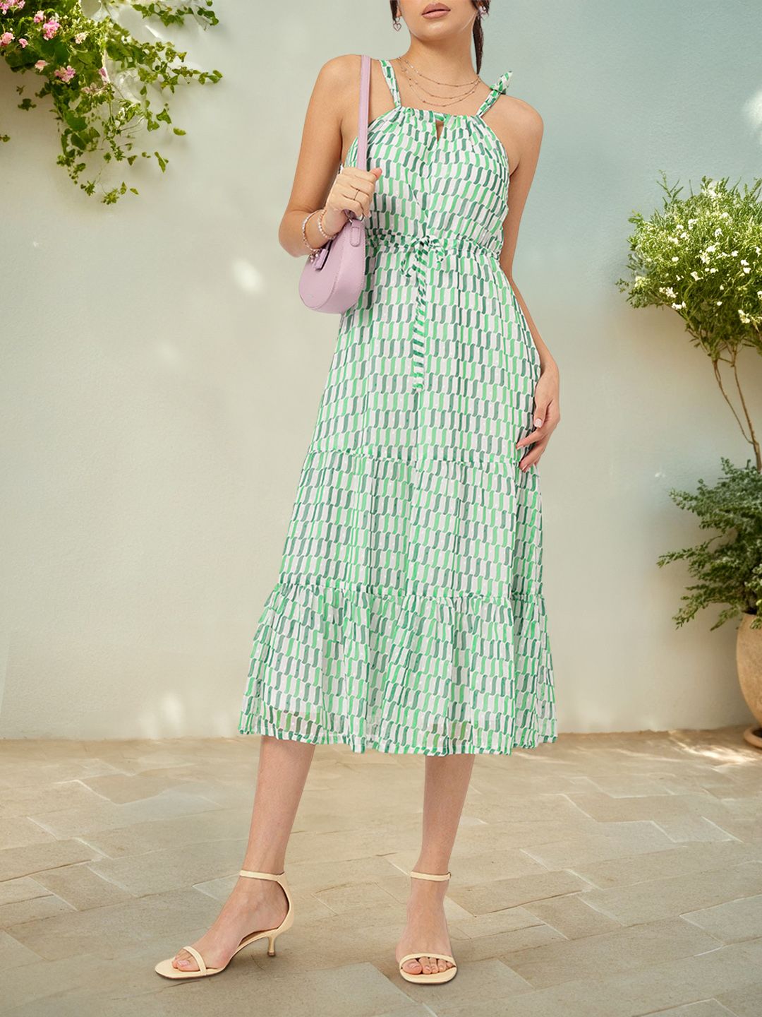 DressBerry Dreamy Delicate Tie-Up Printed Tiered Midi Dress
