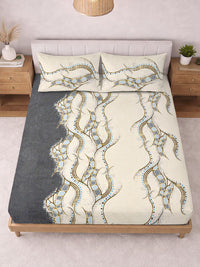 KLOTTHE Cream Color & Grey Printed 300 TC Double Bedsheet & 2 Pillow Covers-2.5 m x 2.25 m