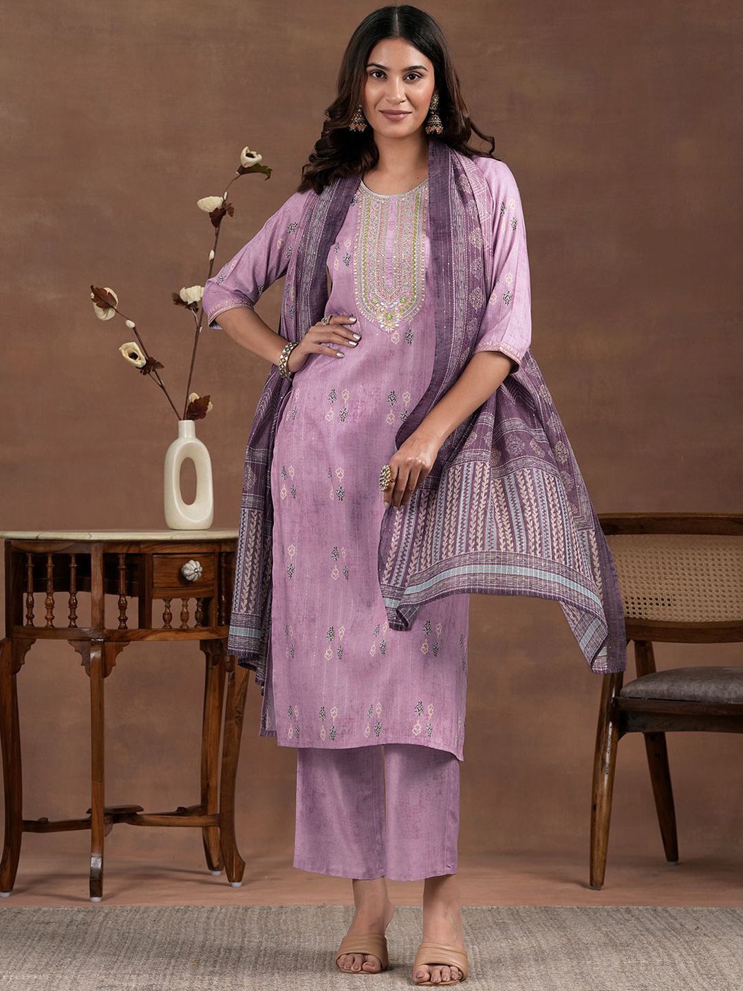 Libas Ethnic Motifs Printed Zari Straight Kurta with Palazzos & Dupatta