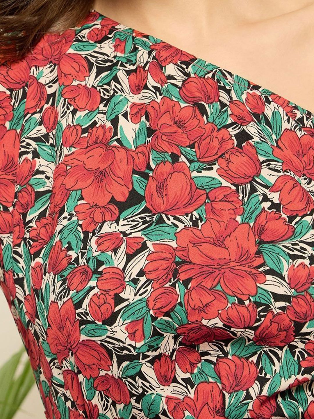 Berrylush Floral Print One Shoulder Puff Sleeve Peplum Top