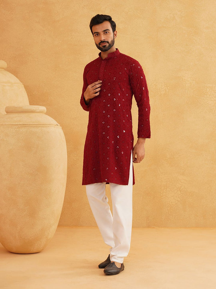 SOJANYA Labuci Geometrik Sulam Kolar Mandarin Kapas Tulen Lurus Kurta Panjang