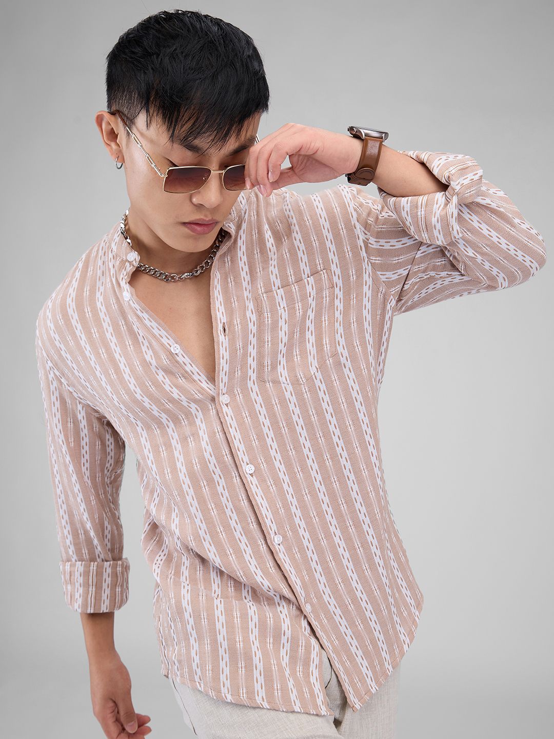 VASTRADO Men Classic Mandarin Collar Vertical Striped Cotton Slim Fit Casual Shirt