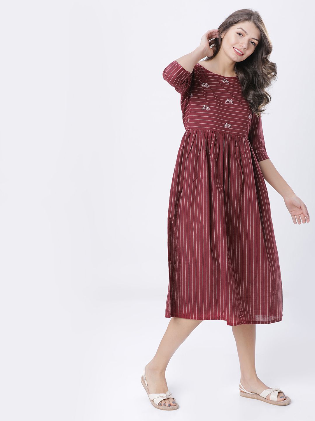 Vishudh Cotton Striped Fit and Flare Midi Dress