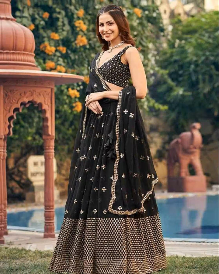 KALINI Embroidered Sequinned Semi-Stitched Lehenga & Unstitched Blouse With Dupatta