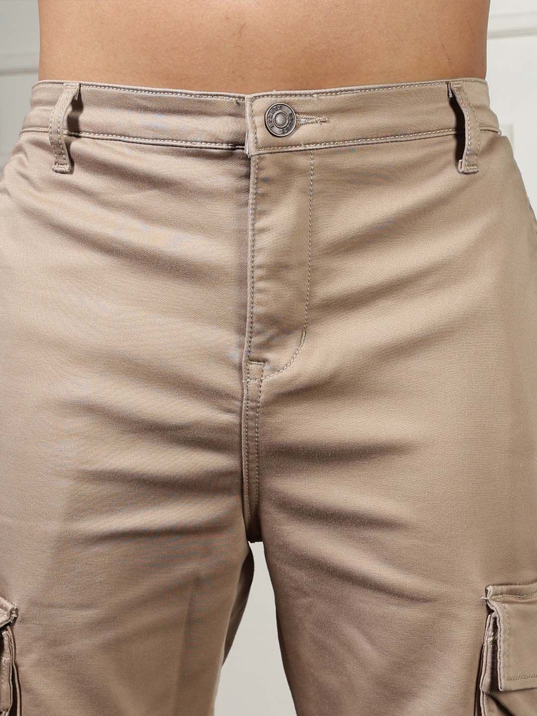 Eszett Men Cream High-Rise Easy Wash Cotton Cargos Seluar Biasa Fit