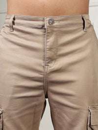 Eszett Men Cream High-Rise Easy Wash Cotton Cargos Seluar Biasa Fit