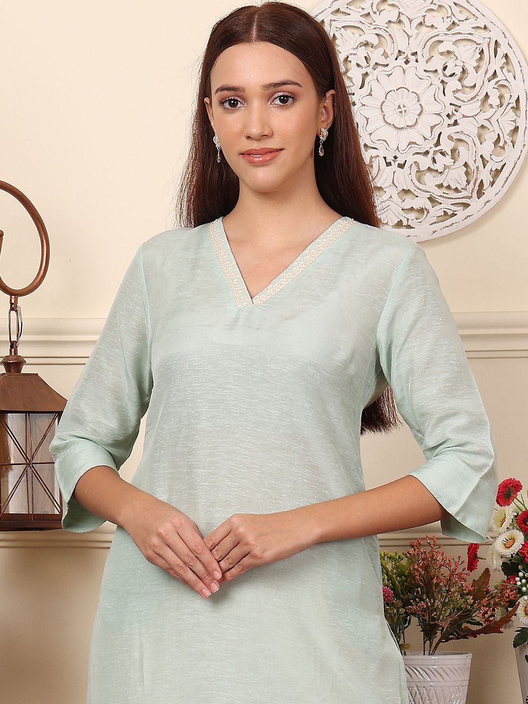 W Blue V-Neck Three-Quarter Sleeves Regular Linen Straight Kurta