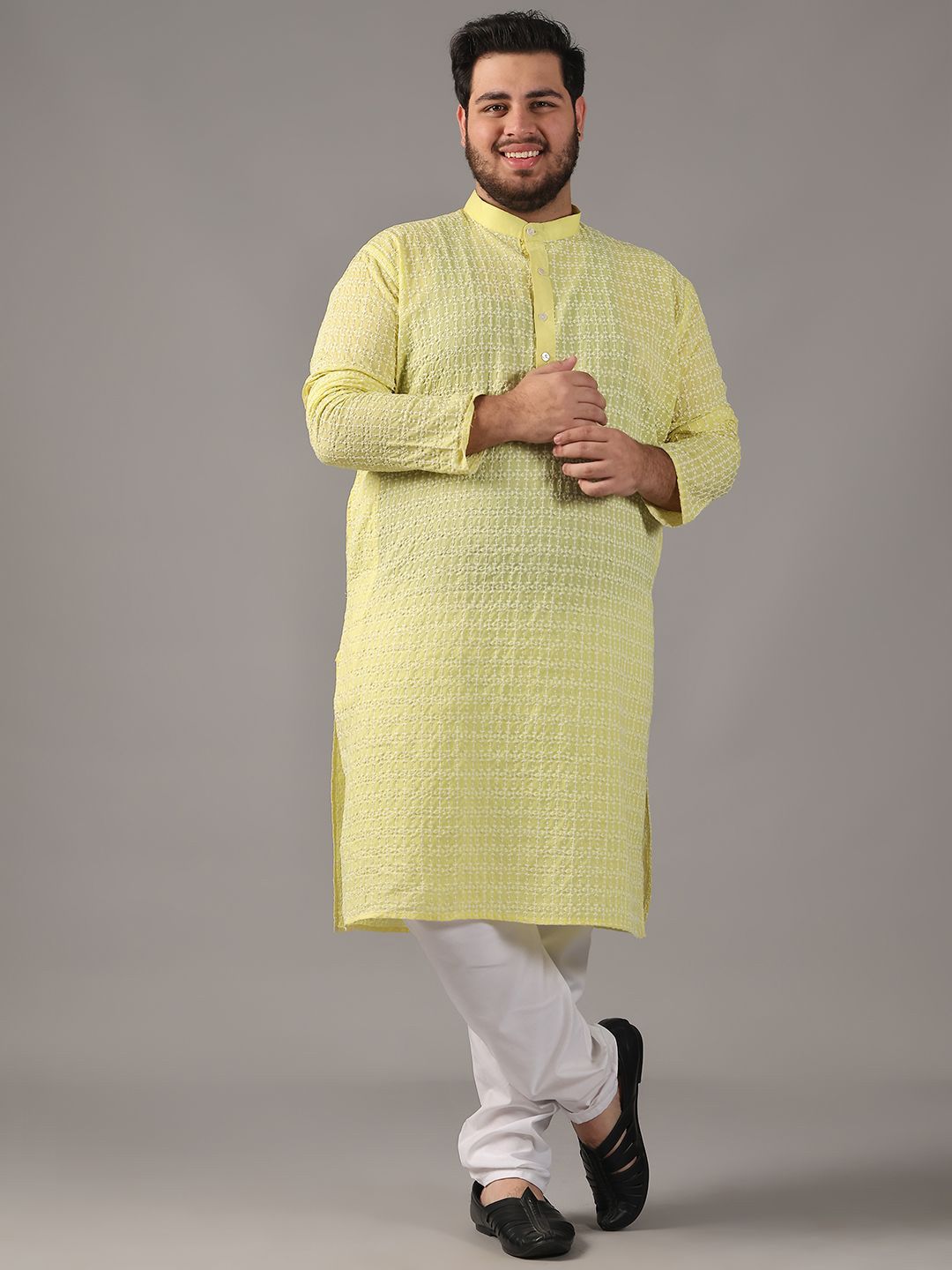 SOJANYA PLUS Plus Size Lelaki Motif Etnik Sulam Kurta Kapas Tulen Bersama Piyama