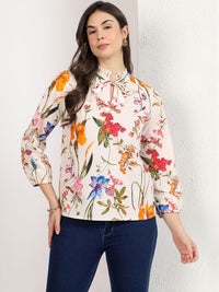 Mamicha Floral Print Tie-Up Neck Ruffles Cotton Top