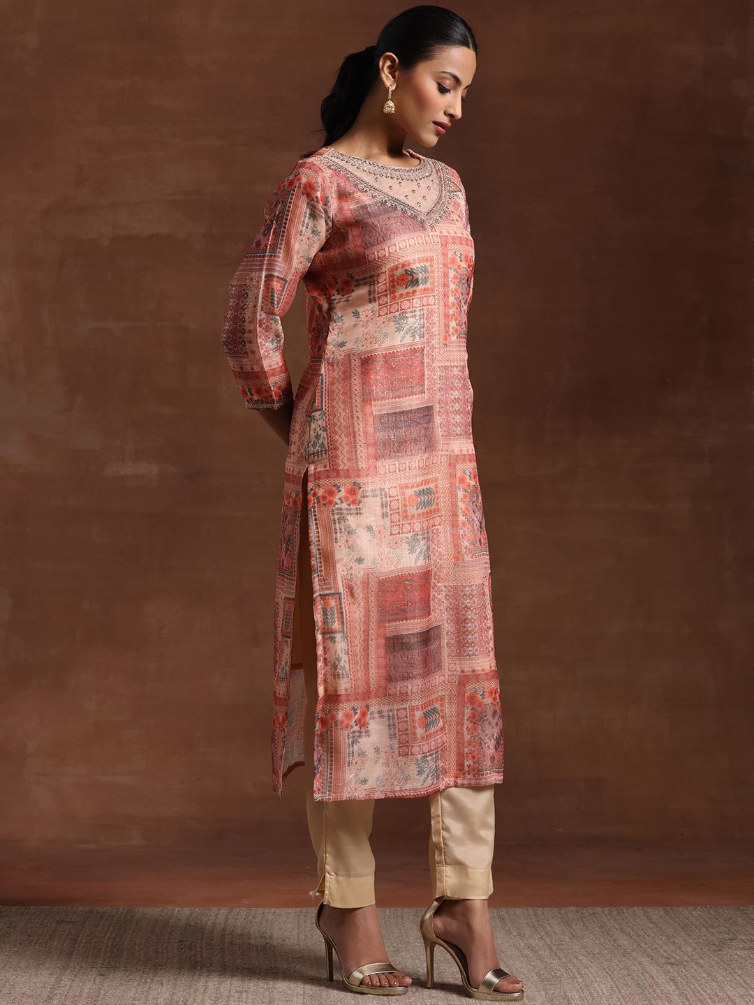 Libas Ethnic Motifs Printed Organza Straight Kurta With Trouser & Dupatta
