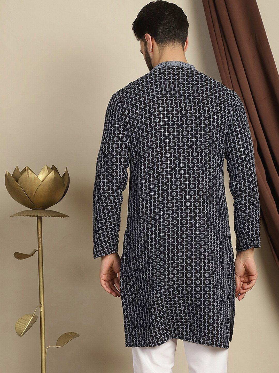 Anouk Floral Woven Design Mandarin Collar Thread Work Cotton Kurta