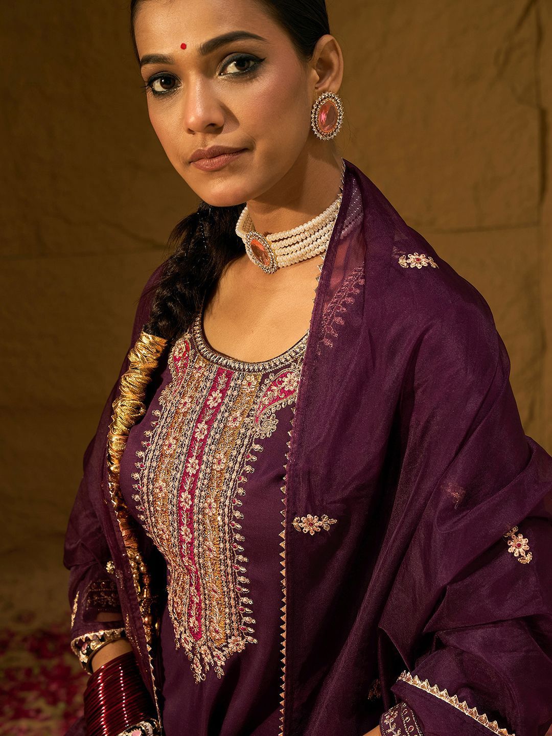 Indo Era Burgundy Floral Embroidered Straight Kurta with Trousers & Dupatta
