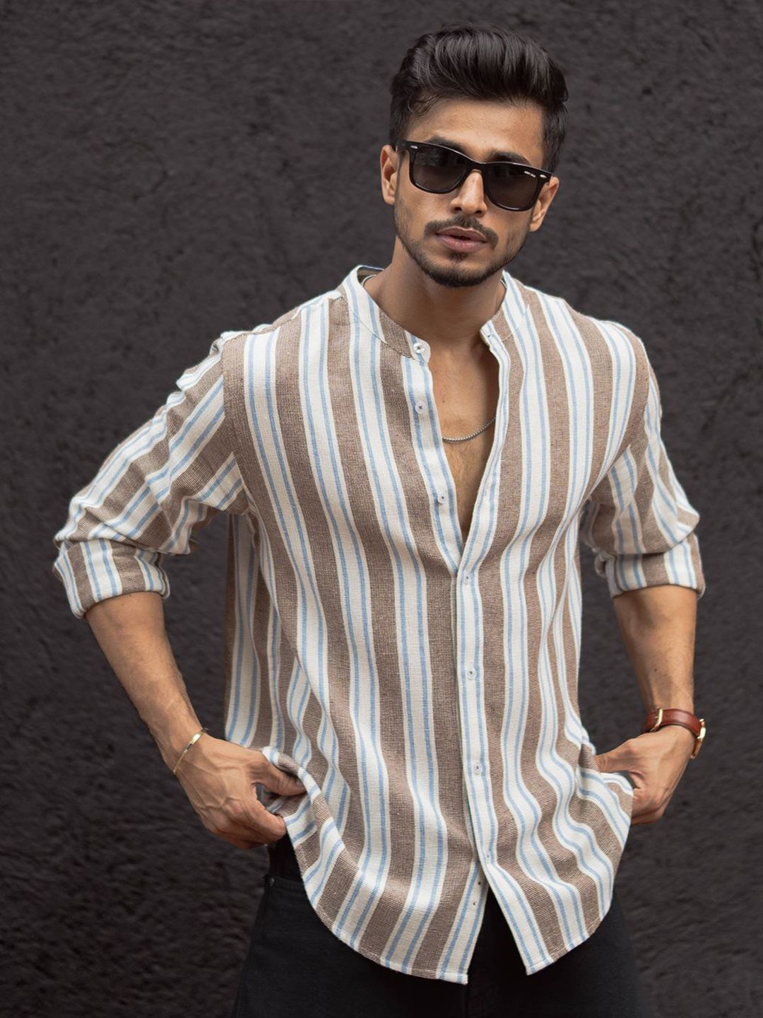 Powerlook Men Band Collar Vertical Striped Cotton Casual Shirt