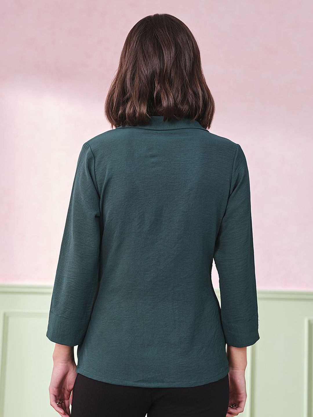 AND Women Lapel Collar Three-Quarter Sleeves Top