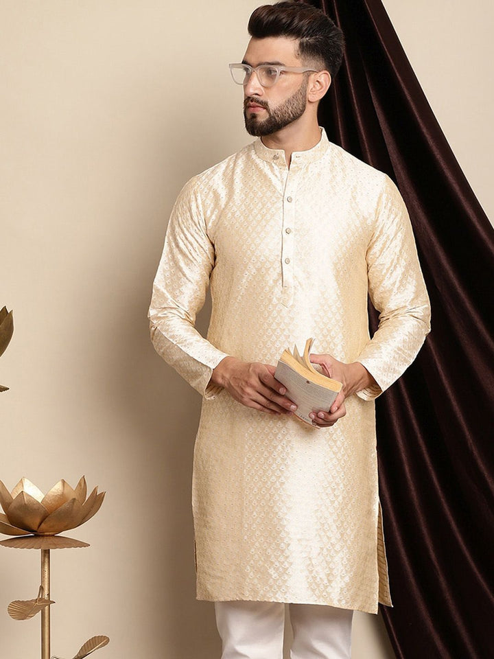 Anouk Ethnic Motifs Woven Design Band Collar Silk Cotton Regular Kurta