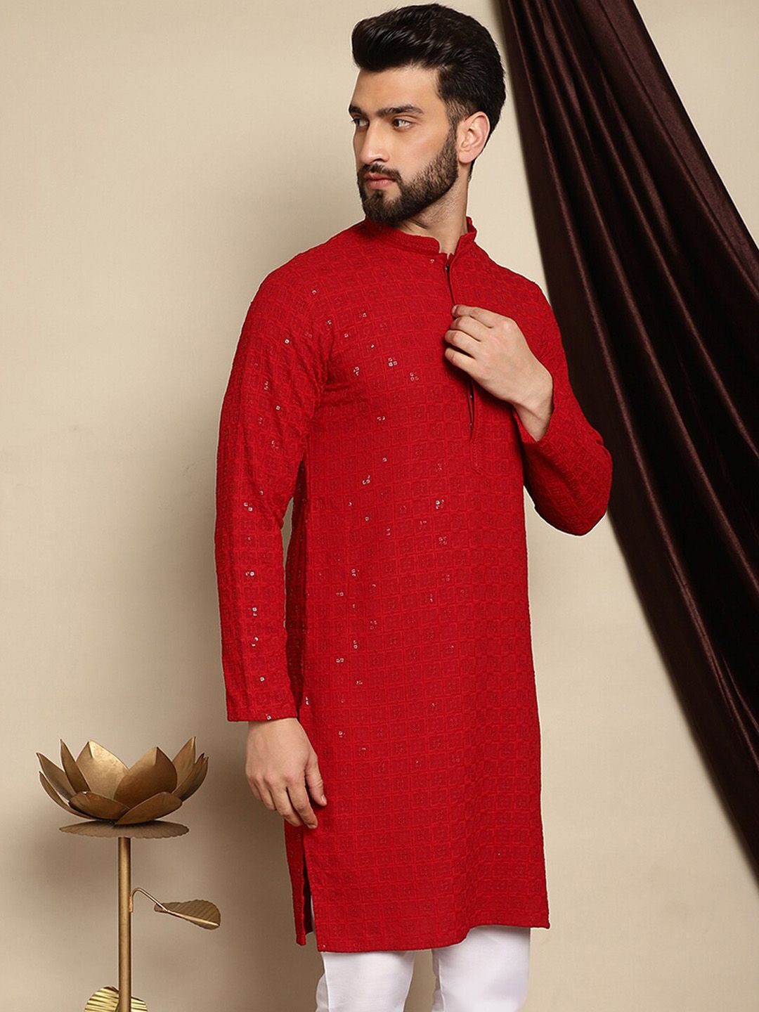Anouk Maroon Geometric Embroidered Sequined Mandarin Collar Pure Cotton Straight Kurta