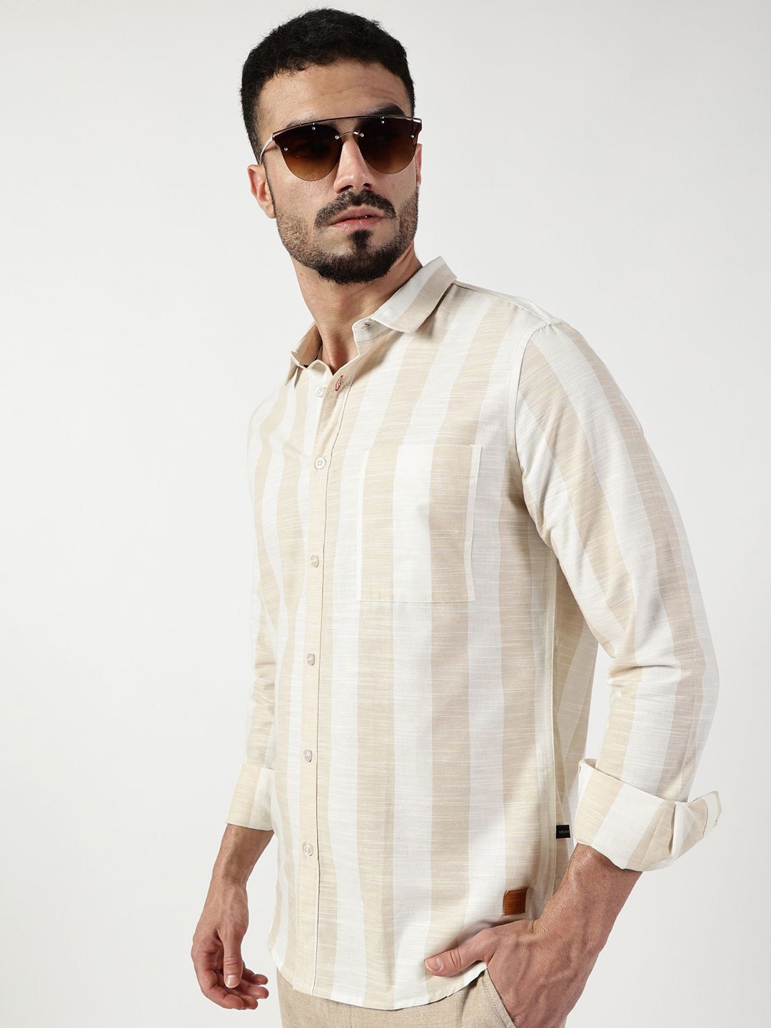 Thomas Scott Men Premium Spread Collar Vertical Striped Cotton Slim Fit Casual Shirt