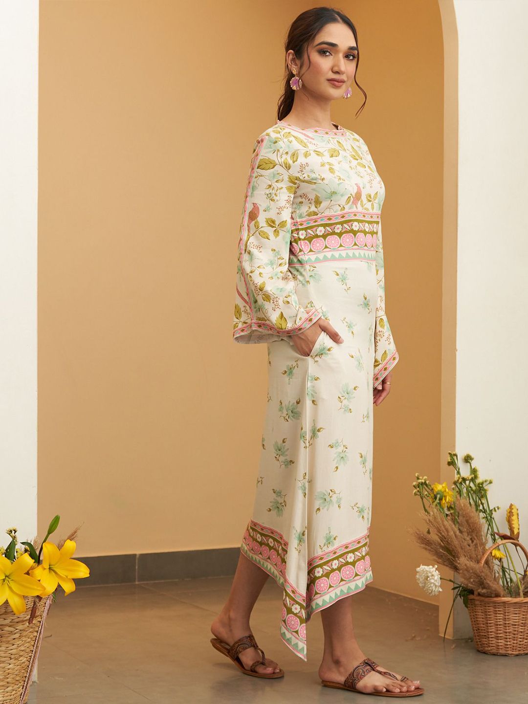 Rustorange Women Floral Print A-Line Midi Dress