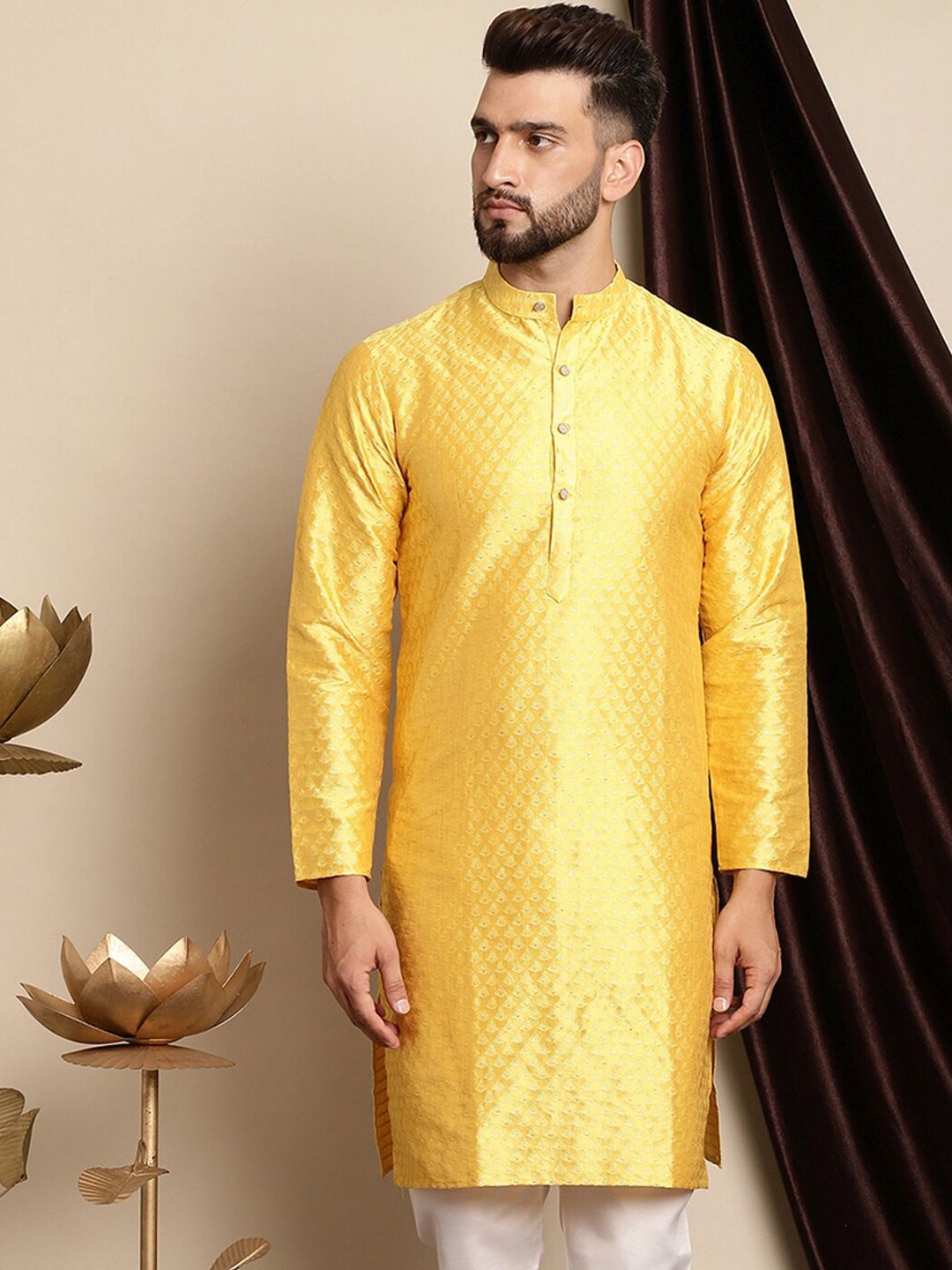 Anouk Woven Design Band Collar Zari Silk Cotton Straight Kurta