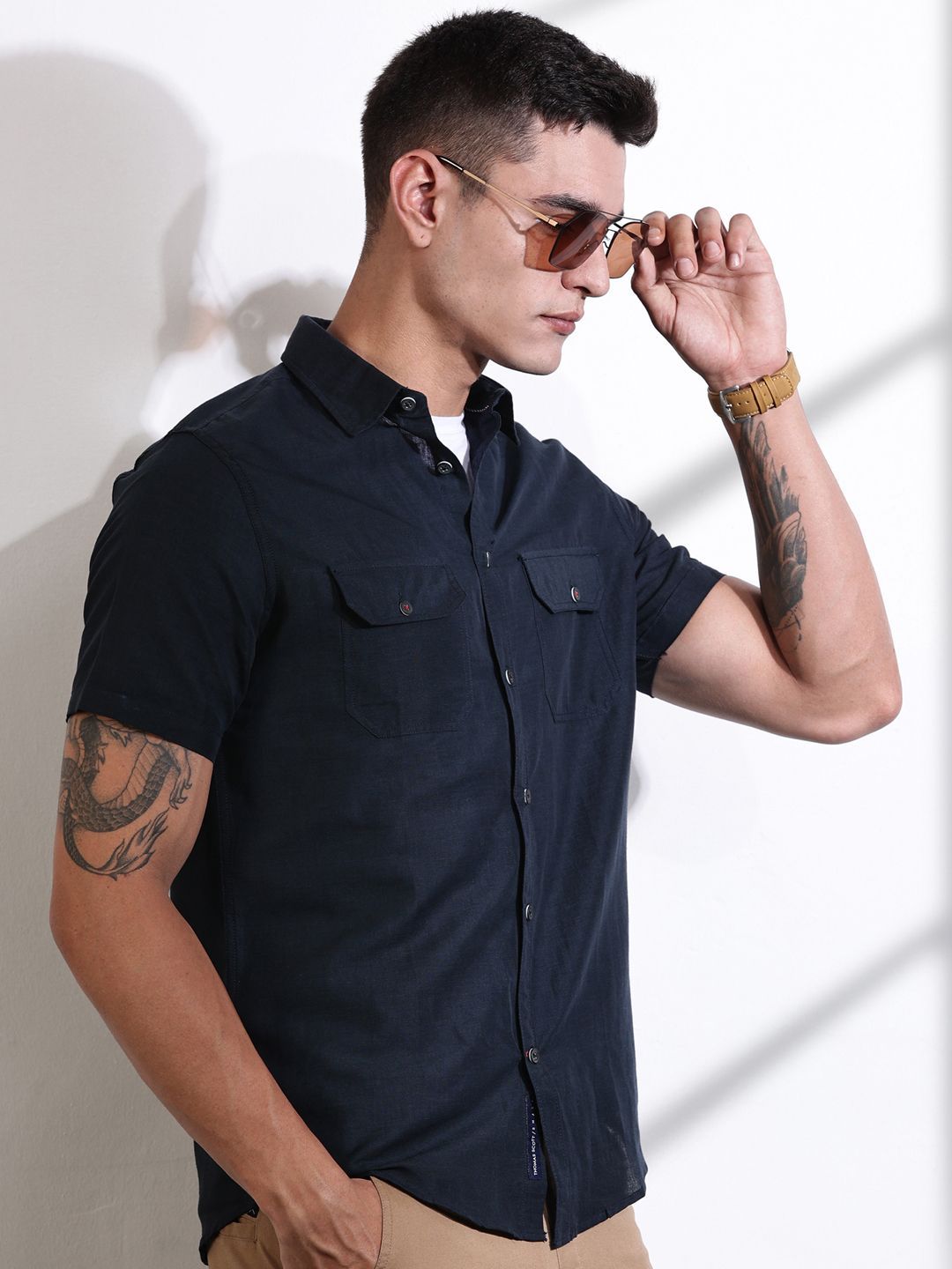 Thomas Scott Men Classic Slim Fit Spread Collar Solid Linen Casual Shirt