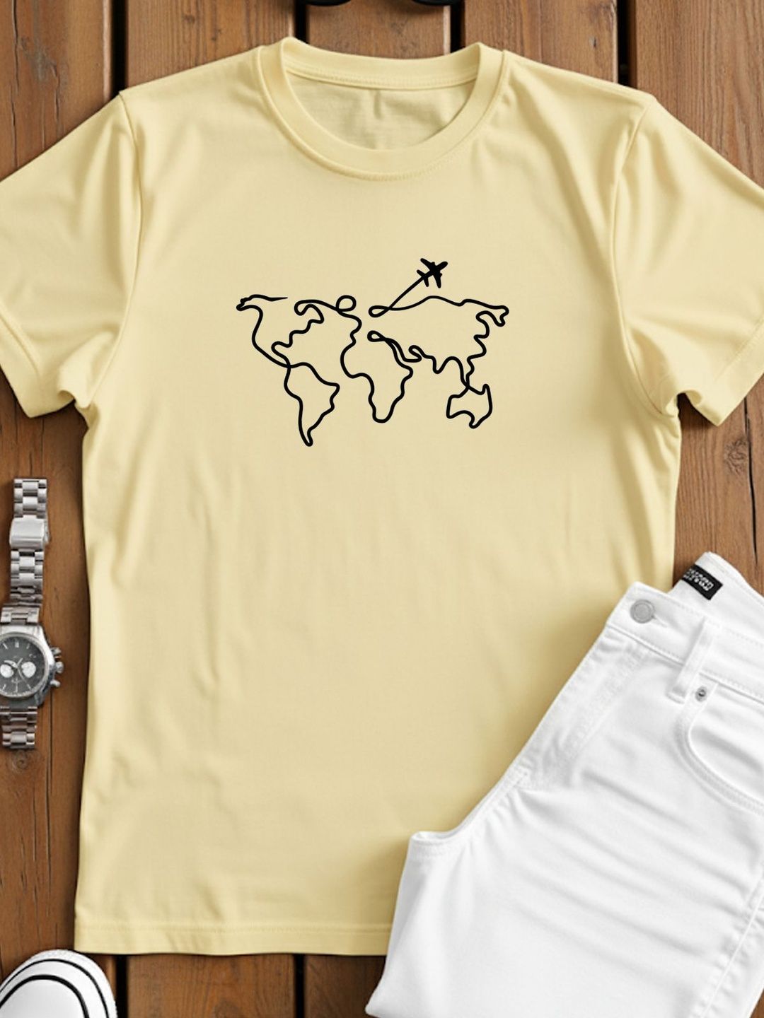 ADRO Wanderlust World Map Graphic Printed Round Neck Skin-Friendly Regular Fit T-shirt