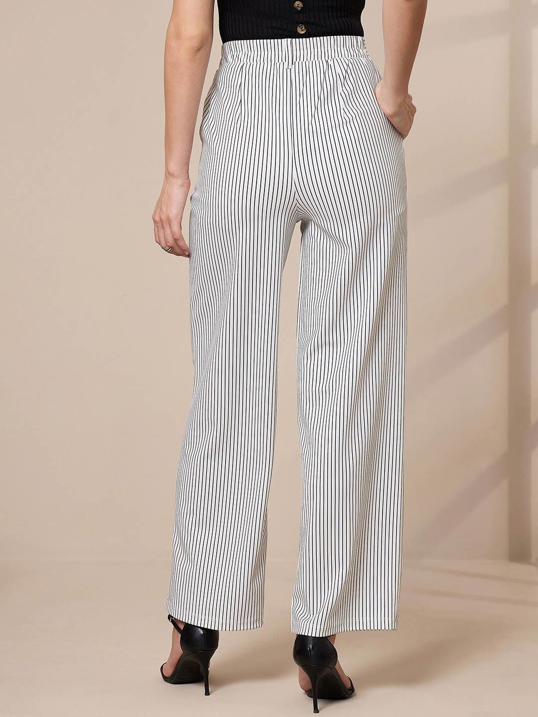 SASSAFRAS worklyf Women Striped Straight Leg High-Rise Trousers
