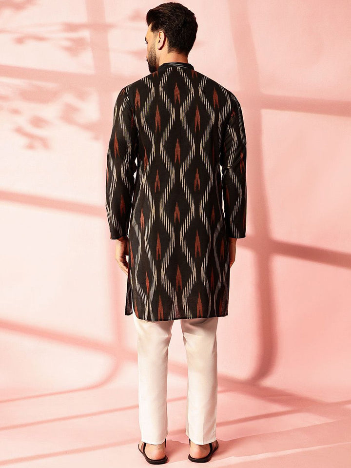 Anouk Abstract Printed Band Collar Teknik Ikat Cotton Linen Kurta Lurus