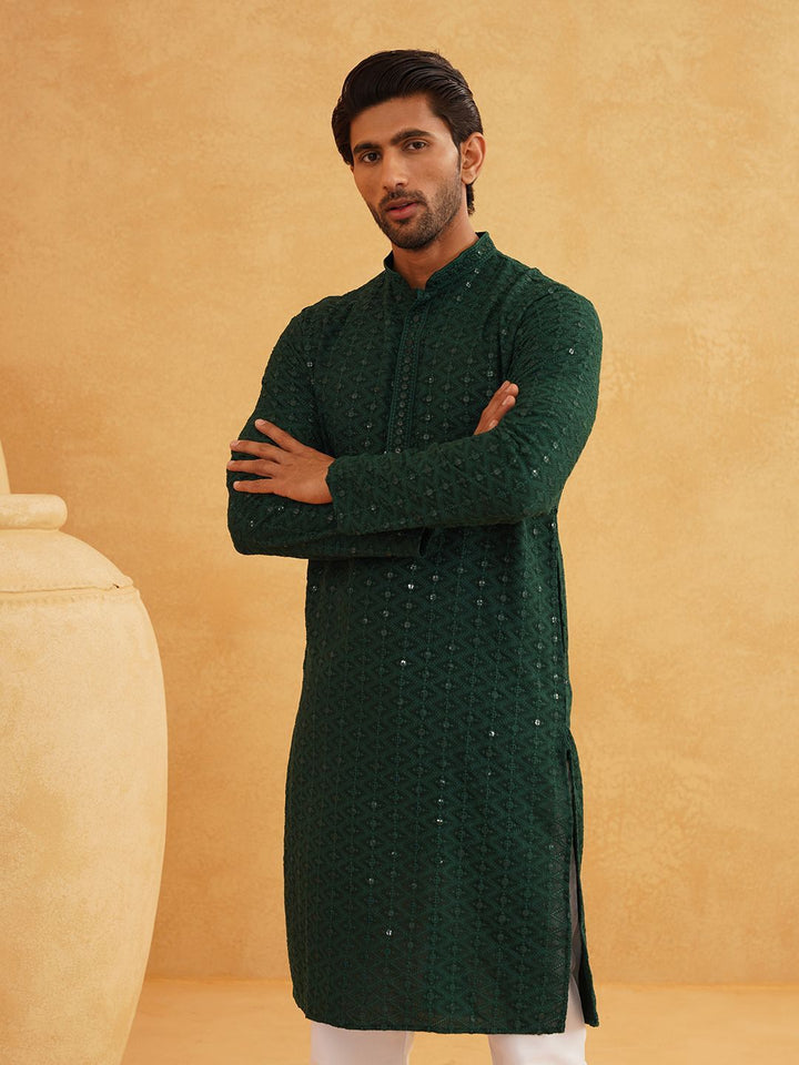 SOJANYA Chevron Embroidered Sequinned Mandarin Collar Pure Cotton Kurta With Churidar