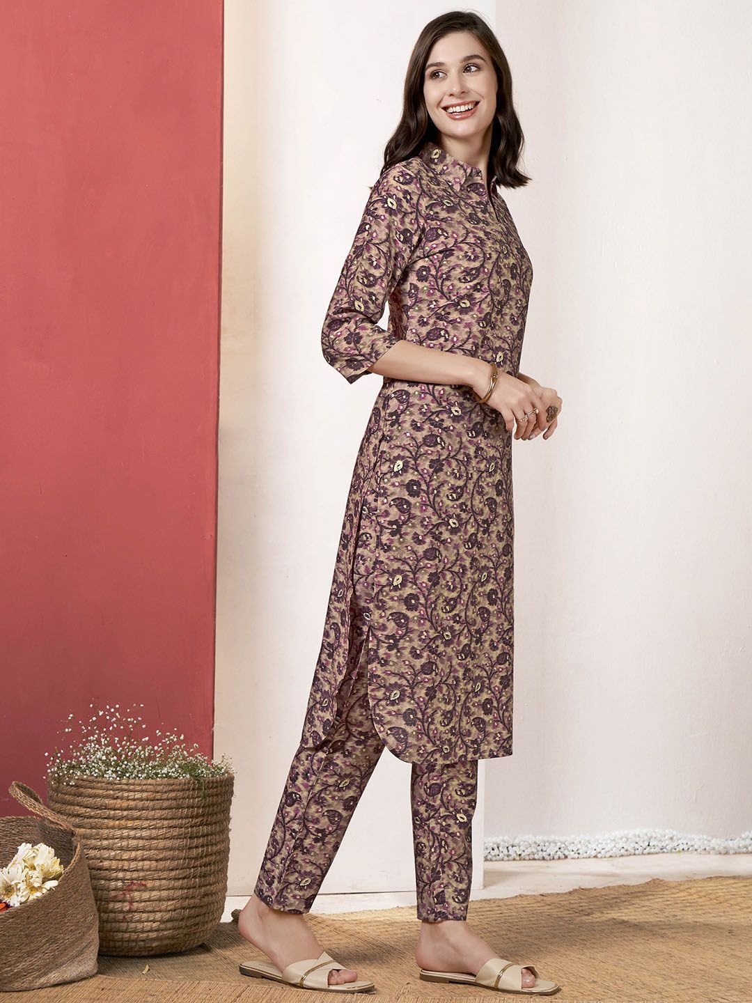 Anouk Paisley Printed Shirt Collar Regular Kurta With Trousers