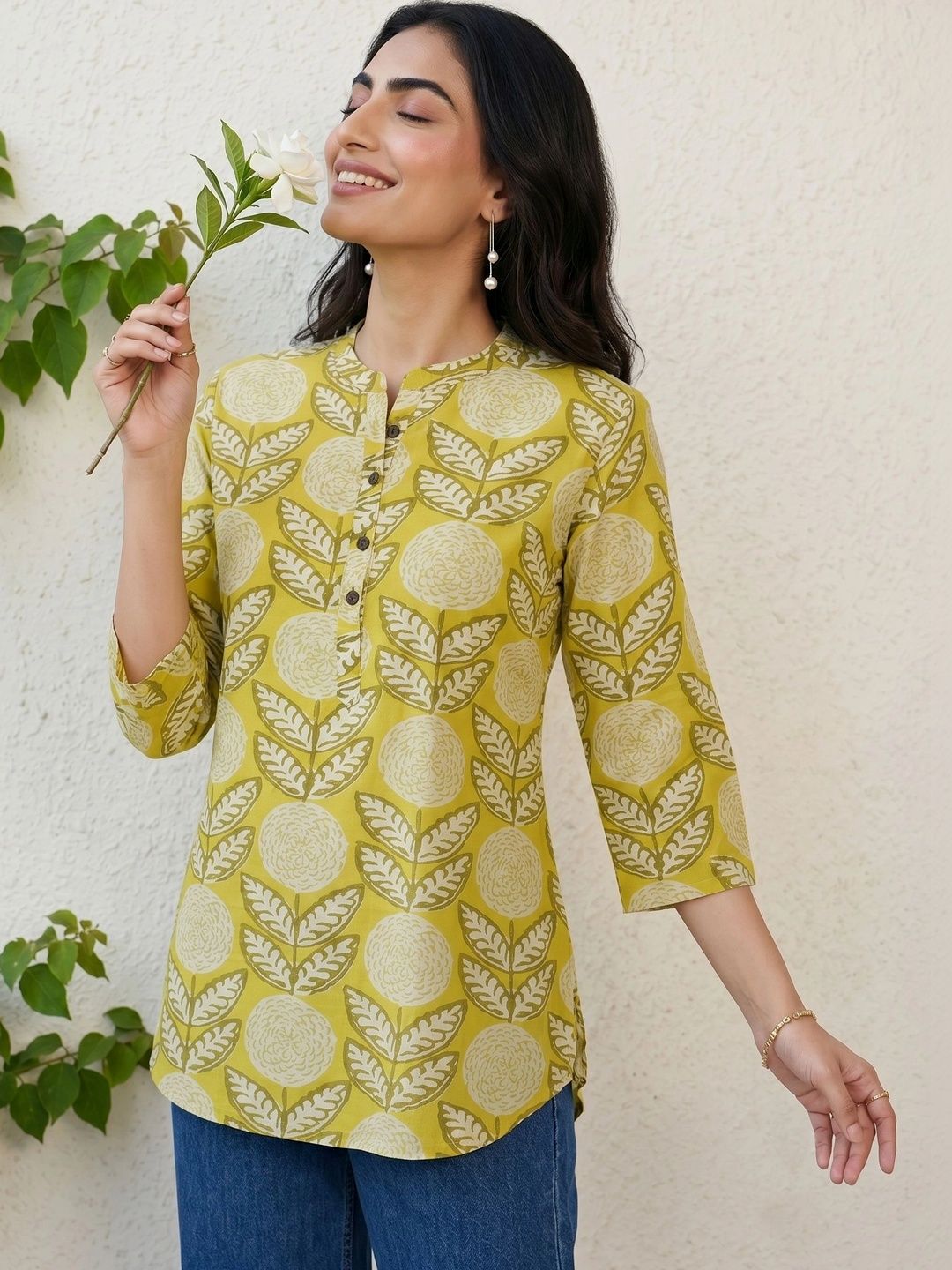 Mamicha Floral Print Mandarin Collar Top