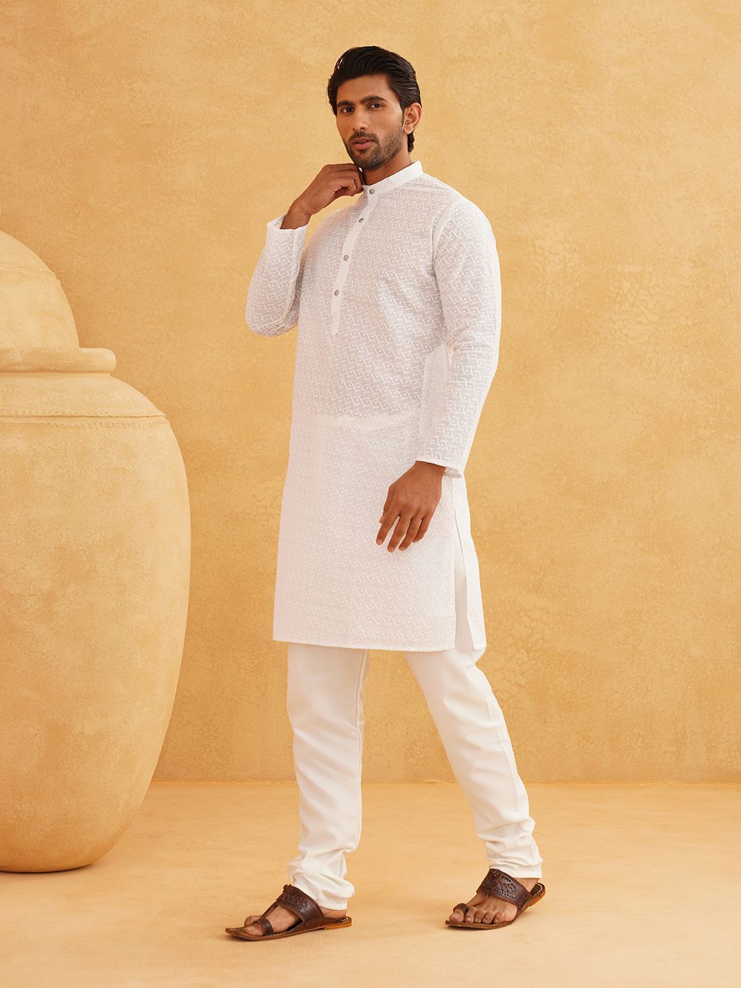 SOJANYA Ethnic Motifs Chikankari Band Collar Pure Cotton Straight Long Kurta