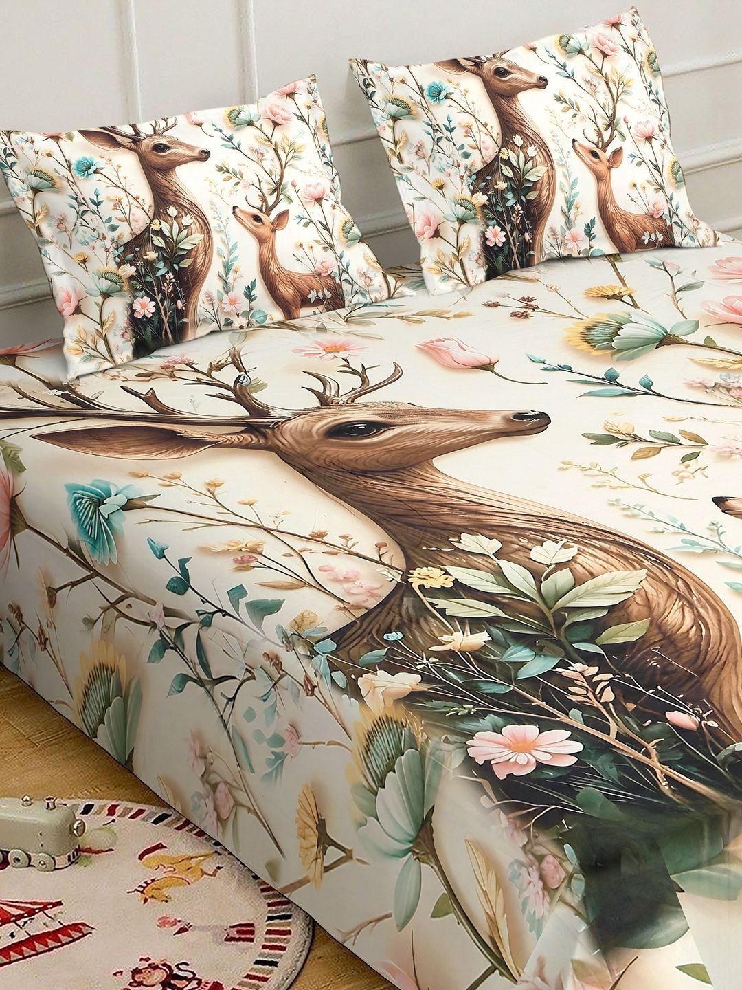 Myntra Elegant Homes Off White Printed Flat 400 TC King 7D Cadar Dengan 2 Sarung Bantal